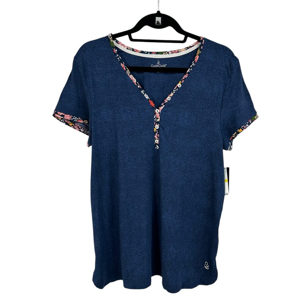 NWT Cuddl Duds Navy Multicolor Floral Print Trim Short Sleeve Top Womens Medium